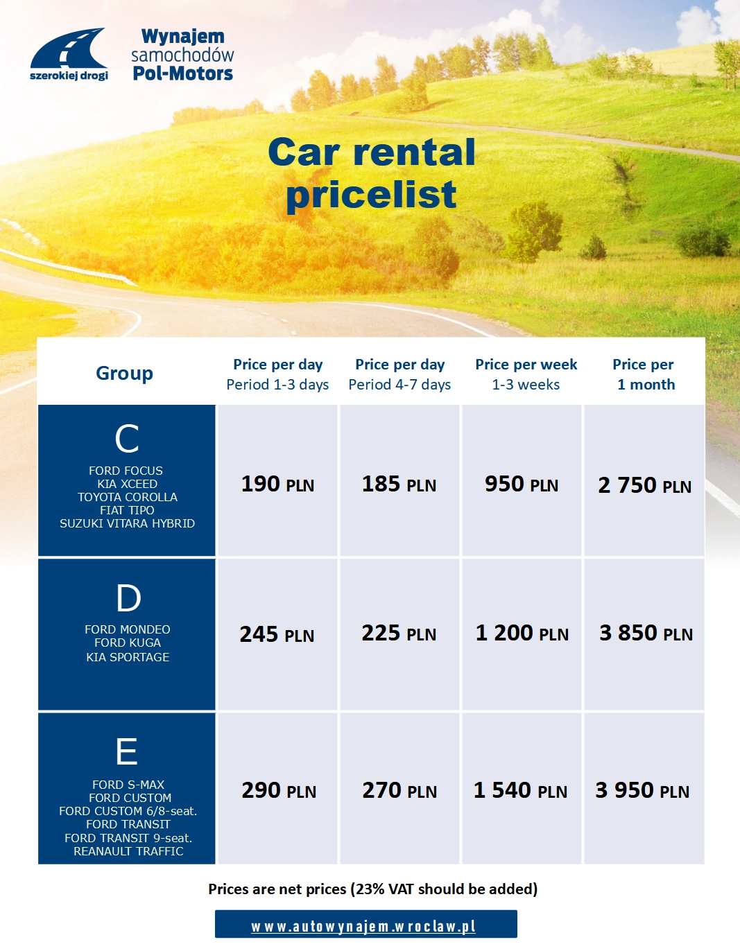 Pol-Motors Car Rental Pricelist
